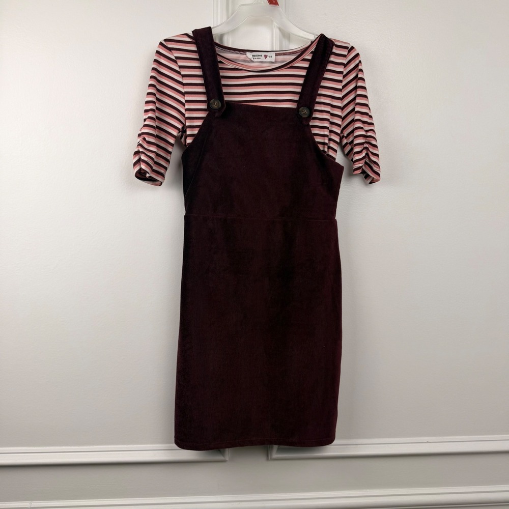 Beautees Girls Corduroy Jumper Dress and Striped Top Set Burgundy Pink 7/8